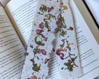 bookmark | Handmade Paper Using Old Books| Rose Petal | Gold Foil | Moss