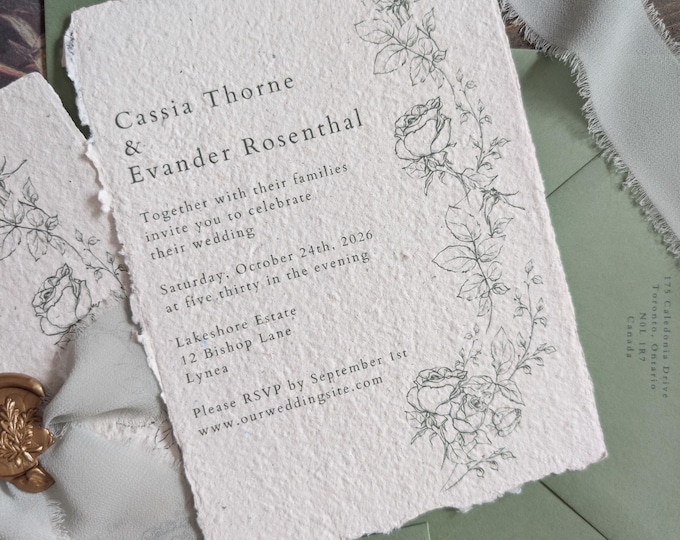 Featured listing image: Wedding Stationery, Wedding Invite, Handmade Paper, Vintage, 5" by 7"
