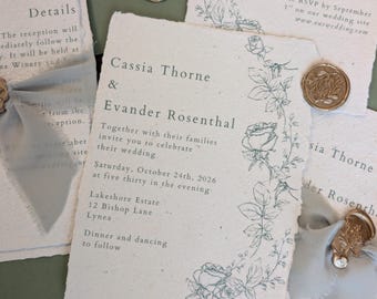 Cassia Wedding Stationery, Invite, Handmade Paper, Vintage, Suite