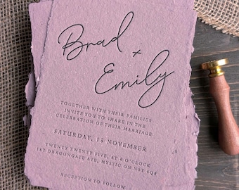 Wedding Stationery, Wedding Invite, Handmade Paper, Letterpress, Vintage, 5" by 7"