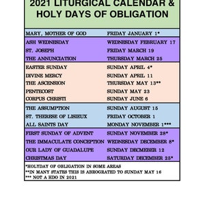 2021 Catholic Liturgical Calendar Liturgical Colors Guide 1 Etsy