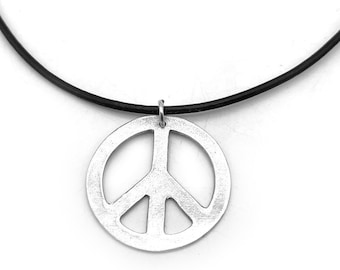 Love & Peace Leather Peace Necklace, Silver Peace Sign Necklace Love Jewelry, Hippie Peace Sign Jewelry Love Necklace