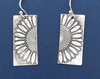 Silver Sunflower Earrings | Bar Earrings with Sunflower Design | Dangle Earrings Sunflower Jewelry | Silver Long Earrings (AJ833)