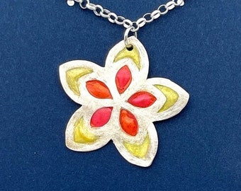 Sterling Silver Flower Pendant | Floral Necklace in Red, Yellow & Orange | Botanical Jewelry | Stained Glass | Flower Pendant (AJ821)