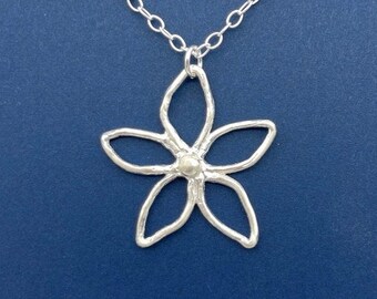 Fun Fine Silver Flower Necklace Nature Jewelry, Floral Jewelry Pointed Flower Pendant, Simple Necklace Flower Jewelry