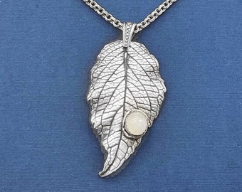 Nature-Inspired Silver Leaf Necklace with Moonstone | Real Hydrangea Leaf Jewelry | Leaf Pendant Gemstone Necklace (AJ816)