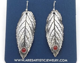 Pure Silver Mint Leaf Earrings w/Carnelian Gemstones, Nature Inspired Jewelry Gemstone Earrings in Silver, Jewelry for Nature Lovers (AJ815)