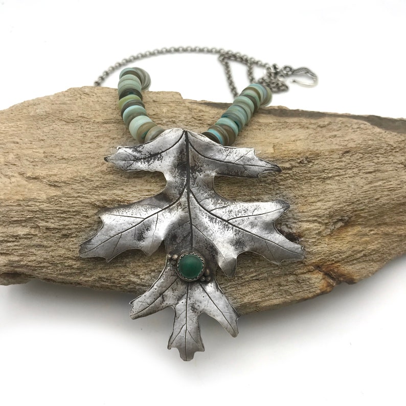 Pure Silver Maple Leaf Necklace for Nature Lover, Leaf Jewelry Nature Necklace with Malachite Pendant for Autumn Jewelry image 6