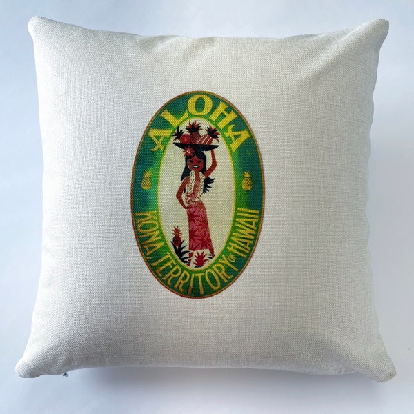 Aloha Kona Territory of Hawaii Pineapple Girl Wahine Pillow 15x15" Linen