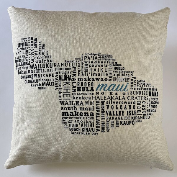 Maui Typography Map Throw Pillow 15"x15" Linen