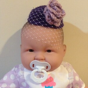 Baby Pillbox Crochet Hat with Flower and Veil - Purple