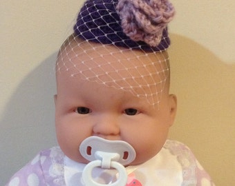 Baby Pillbox Crochet Hat with Flower and Veil - Purple