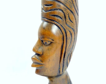 Bust female woman's head wooden figure vintage height 42 cm hand-carved