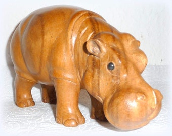 Hippo Holz Nilpferd Flußpferd handgeschitzt Skulptur hippofigur 23x12x9cm