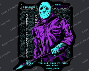 May include: A digital art illustration of a hockey mask-wearing character holding a weapon. The background is a pixelated screen with the text "CHILDREN 7" and "MARK" at the top. The text at the bottom reads "YOU AND YOUR FRIENDS ARE DEAD. GAME OVER".