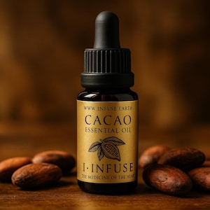 May include: A dark glass bottle of Cacao Essential Oil with a black dropper, set against a blurred brown background. The label reads "Cacao Essential Oil" and "I.Infuse The Medicine of the Heart." Cocoa beans are scattered around the bottle.