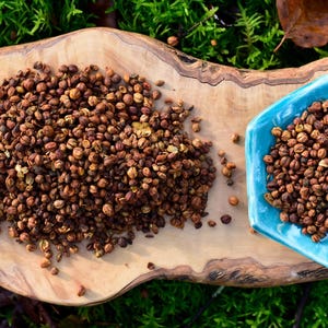 Puede incluir: Un montón grande de granos de pimienta de Sichuan marrones secos sobre una tabla de madera clara con veta natural, junto a un pequeño cuenco de cerámica hexagonal de color turquesa brillante lleno de los mismos granos de pimienta marrones.