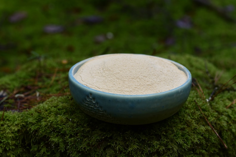 May include: A light beige powder in a blue ceramic bowl with a tree design. The bowl is sitting on a bed of green moss.