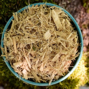Peut inclure: Vue de dessus d'un bol bleu clair rempli de copeaux de bois brun clair. Le bol est posé sur un fond de mousse verte et brune, créant une esthétique naturelle et terreuse. Les copeaux de bois semblent être un produit naturel.