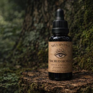 Può includere: Una bottiglia di vetro scuro con contagocce nero, etichettata "Melipona Sacred Honey". L'etichetta presenta un simbolo a forma di occhio e testo in inglese e spagnolo. La bottiglia è appoggiata su una superficie muschiosa e strutturata, su uno sfondo naturale sfocato.