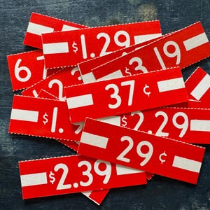 Vintage Retail Price Tags — Pack of 15 Unique Red & White Number Tags — Mid-Century Ephemera