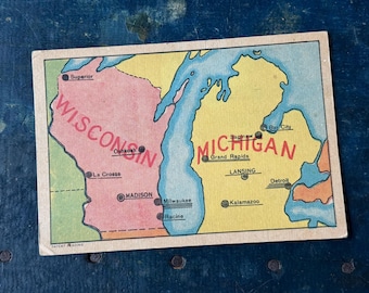 Vintage Wisconsin and Michigan Map Card | 5x7.25 inches