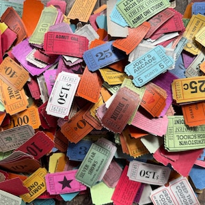 May include: A collection of colorful vintage paper tickets with various denominations and text, including "ADMIT ONE", "25c", "$1.50", "1 DRINK", "JOEY'S ARCADE", "5 POINTS 5", "HIGH SCHOOL ATHLETIC CONTEST", and "SILVER STAR SHOWS".