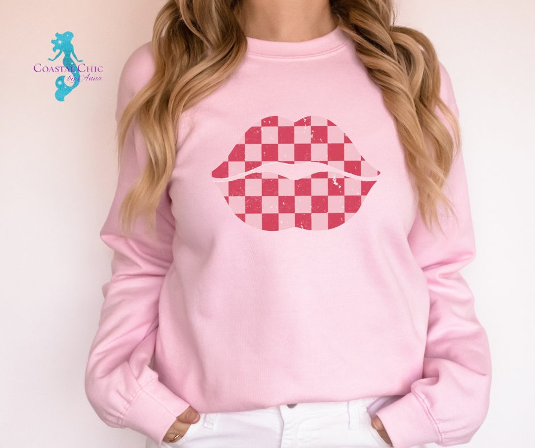 Valentine Lips Sweatshirt, Retro Checkered Lips Sweatshirt, Trendy Lip