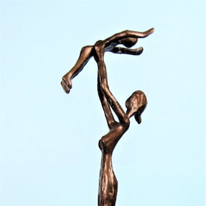 Mid-Century Modern Bronze Sculpture Mother Lifting up Baby Vintage Brutalist Giacometti Type Elongated Statue