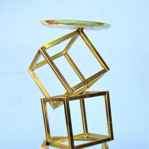 Brutalist Geometric Cubes Gold Metal Sculpture 13" Tall Mid-Century Modern Minimalist Candle Holder Incense Tray Tabletop Art