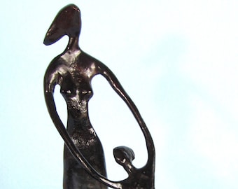 Mid-Century Modern Ebonized Bronze Sculpture Woman Swinging Child at Play Vintage Brutalist Giacometti Type Elongated Statue