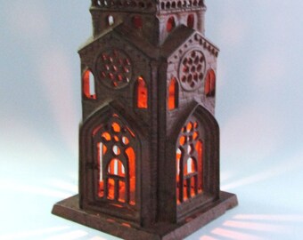 Big 14" Cast Iron Gothic Church Tower Candle Lantern Vintage Figural Metal Architectural Home or Garden Lamp