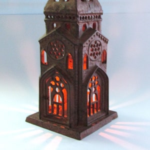 Big 14" Cast Iron Gothic Church Tower Candle Lantern Vintage Figural Metal Architectural Home or Garden Lamp
