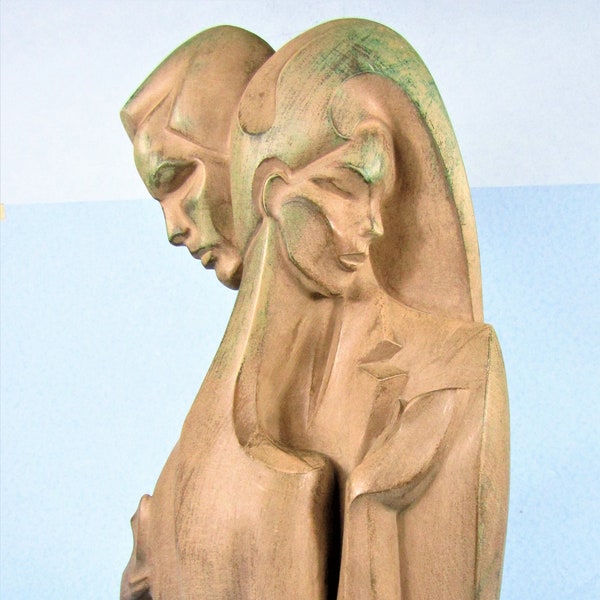 Austin Prod Modernist New Wave Sculpture by Danel High Fashion Man & Woman Lovers Embracing Driftwood Finish