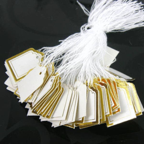 Gold Square Strung Price Labels Tie On Tags, idéal pour les cadeaux et les bijoux