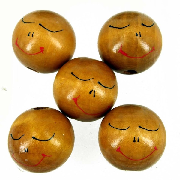 Pack 10 Large Ethnic Brown Sleeping Wooden Doll Head Beads, 29 mm Faces -Hole 6 mm