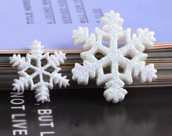 Chunky Snowflake Resin Glitter Decorations for cards and Craft projects, Pack of 10 pcs . 2 sizes available, White .