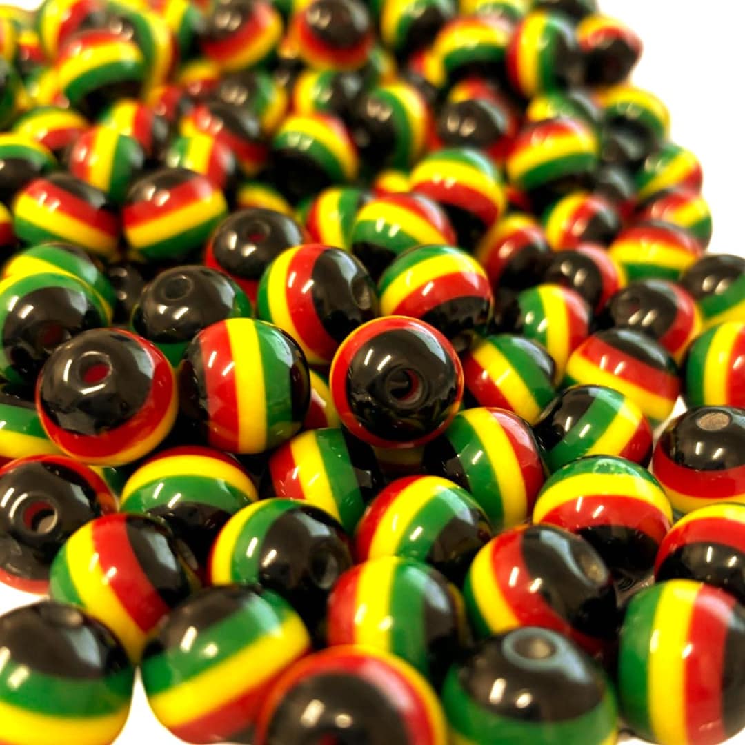 Pack of 40 Black Round Rasta Beads. Ghana Jamaica Reggae Stripes. 14 Mm ...