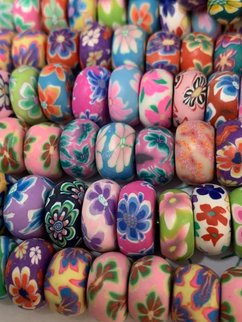Flower Polymer Clay Fimo Beads , String of 55 supplied mixed floral flower pattern, Size 12 mm x 7 mm image 3