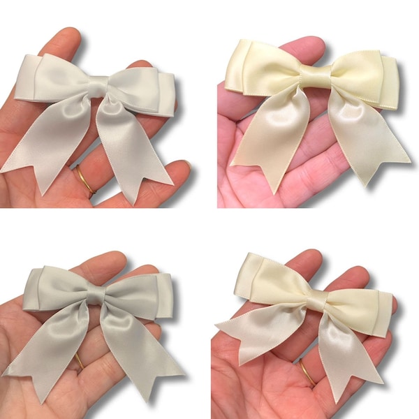 4 x Double Bows Satin Ribbon Ready Made Bows 3.5 inch 9cm Wide Pretty Colours,  Craft Sewing Bows Ivory Hair Bow