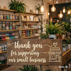 Puede incluir: Un letrero de madera con las palabras "Thank you for supporting our small business" en escritura blanca. El letrero tambi&eacute;n presenta un coraz&oacute;n y un icono de tienda. El fondo muestra estantes llenos de frascos y plantas.