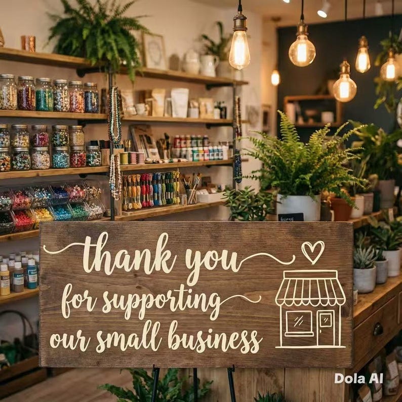 Puede incluir: Un letrero de madera con las palabras "Thank you for supporting our small business" en escritura blanca. El letrero tambi&eacute;n presenta un coraz&oacute;n y un icono de tienda. El fondo muestra estantes llenos de frascos y plantas.