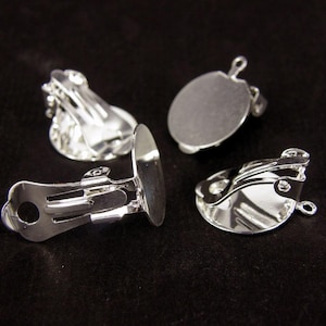 Silver plated earring clips: 10mm cabochon settings, diy jewelry supplies image 1