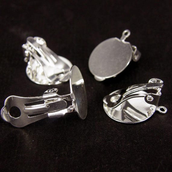 Silver plated earring clips: 10mm cabochon settings, diy jewelry supplies