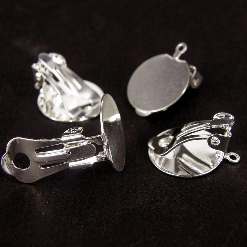 Silver plated earring clips: 10mm cabochon settings, diy jewelry supplies image 1