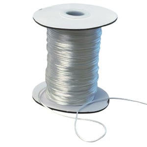 May include: A white satin cord wound on a white cardboard spool with a black edge. A length of the cord extends from the spool, with a loop at the end. The background is plain white. Ideal for crafts and jewellery making.