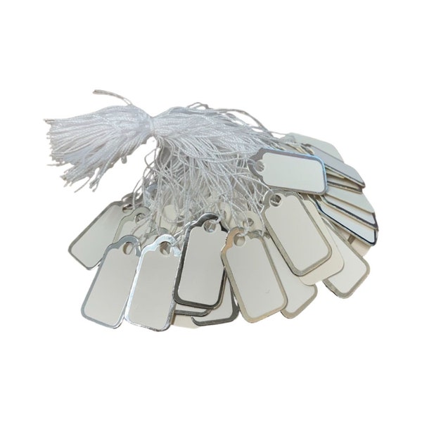 Price Tags, Silver Edge Oblong,  Strung Price Labels Tie On Tags, Ideal for Gift & Jewellery Stall