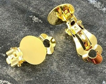 Gold Plated Clip On Earrings Blanks, 5 sizes stocked, 10,12,15,18mm Flat Pads and loops, & Rubber pads included