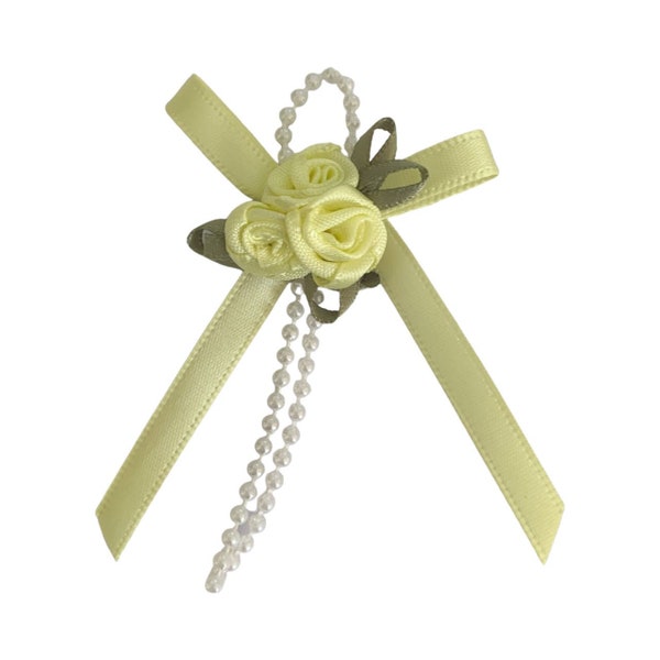 Triple Trio Roses , Cluster Rosebuds, Satin Ribbon  Sock Bows with Pearls,  Lemon , sewing and crafting decoration