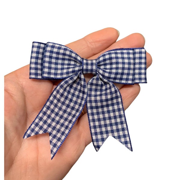 Navy Blue Checked Bows, Medium Size 3 inch, made with 25mm wide ribbon , Double Bows ,Ribbon Bows with tails School Socks